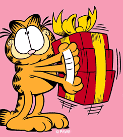 Garfield ilusionado por un regalo.